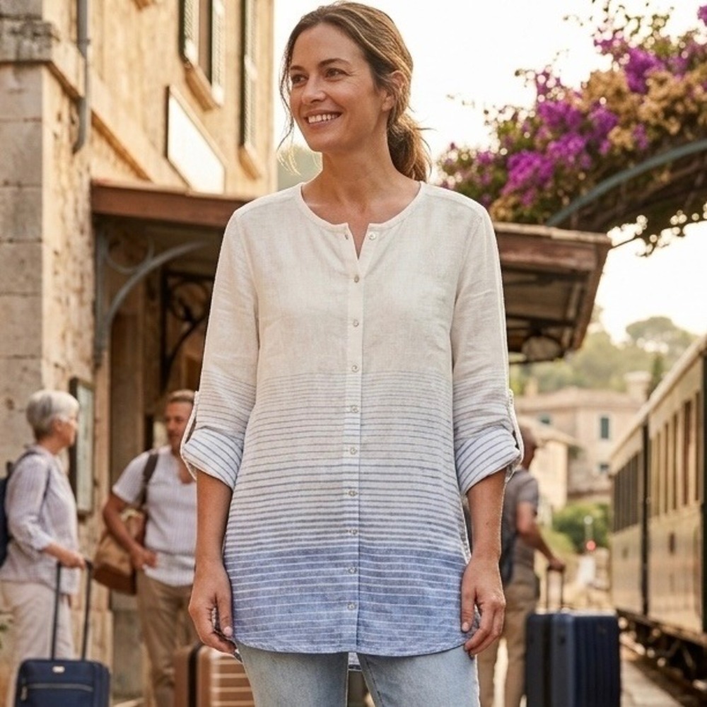 Saint Tropez West Womens Medium Linen Ombre Stripe Roll Tab Button Down‎ Tunic